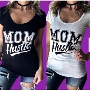 "Mom Hustle" Graphic Short Sleeve Scoop Neck Lightweight Stretch Top Shirt Tee S